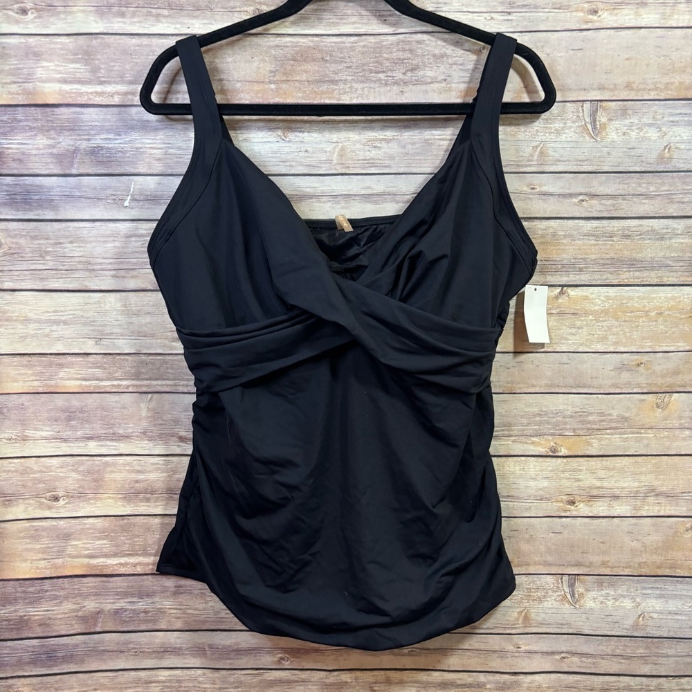 NWT Lands' End Tankini Top Women's 18 Black V-Neck Wrap Underwire Swim